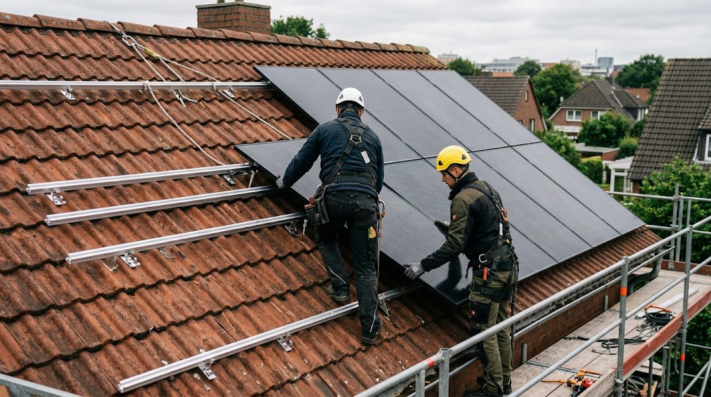 Zwei Zimmerer montieren Photovoltaikmodule auf der Unterkonstruktion eines Ziegeldachs in Hamburg